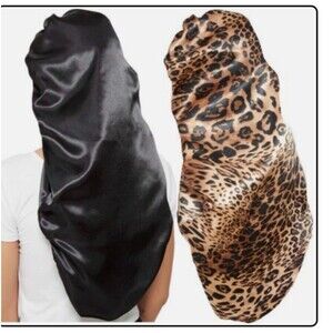 New Women Satin Hair Bonnets Set of Two Leopard Print & Black